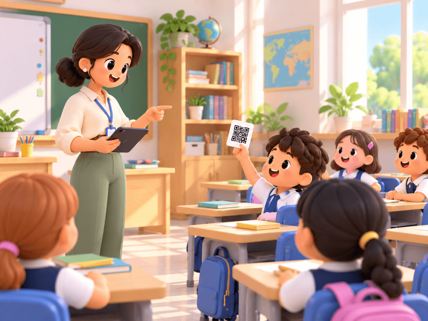 Un alumno levanta su credencial con código QR para que la maestra la escanee