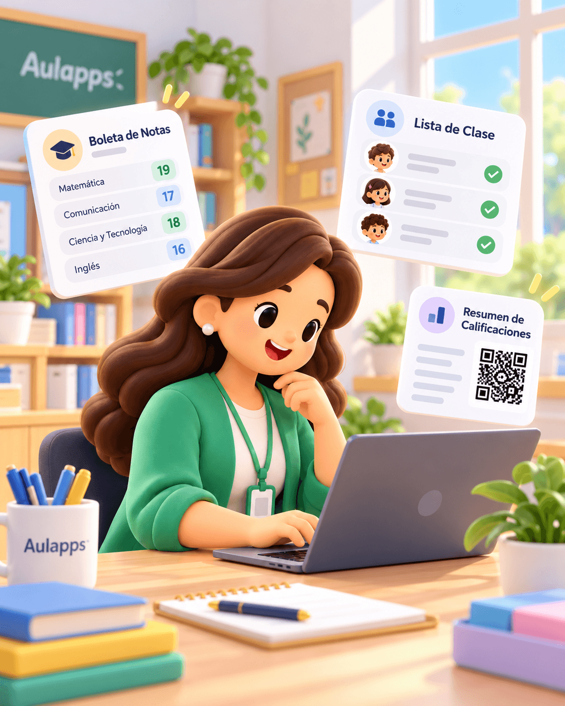Una maestra frente a su laptop, con tarjetas de boleta de notas, lista de clase y resumen de calificaciones con código QR